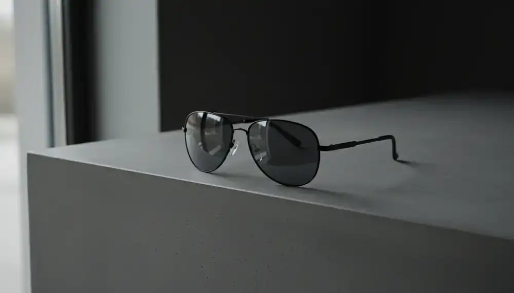 Model wearing premium sunglasses against a vivid sunset