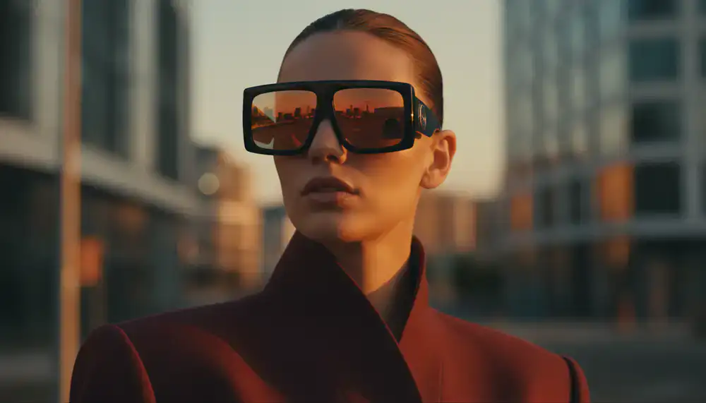 Model wearing bold fashion sunglasses at golden hour